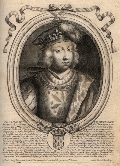 Portret van Clovis III, koning van de Franken van 691 tot 695 - CLOVIS III Merovingische koning van Neustrië en Austrasië - gravure uit 