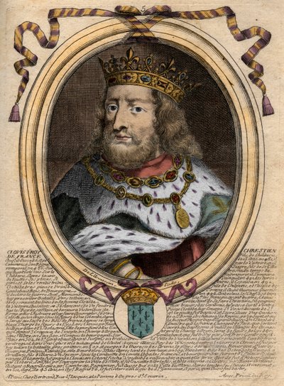 Portret van Clovis I (ca. 466 - 511), Koning van de Franken - gravure uit 