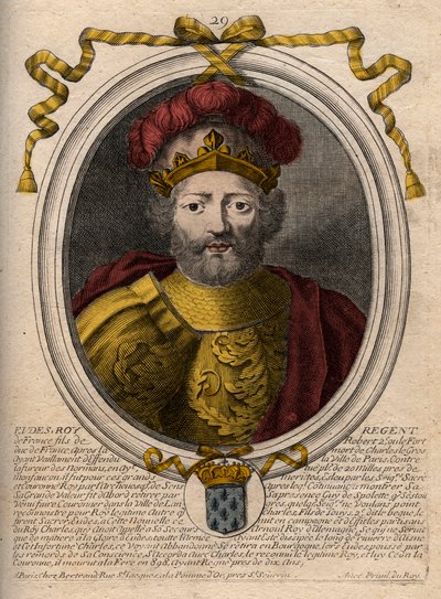 Portret van Eudes (Odon) (ca. 860 - 898), graaf van Parijs en Troyes, vervolgens koning van Frankrijk - EUDES graaf van Parijs gekozen tot Franse troon na de afzetting van Karel de Keizer - gravure uit 