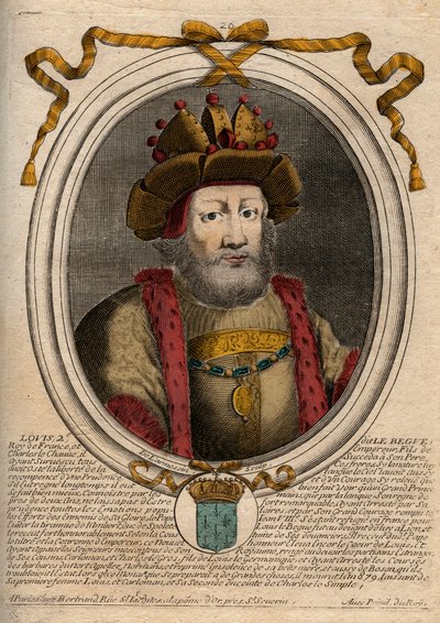 Portret van Lodewijk II de Stamelaar (846 - 879), Koning van de Franken - gravure uit 
