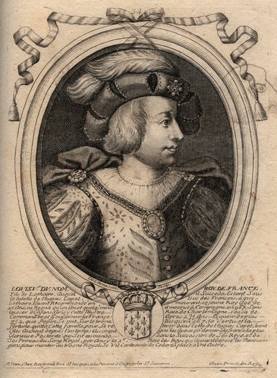 Portret van Lodewijk V de Luie (967 - 987), koning van Frankrijk - Lodewijk V de Luie (967-987) gravure uit 
