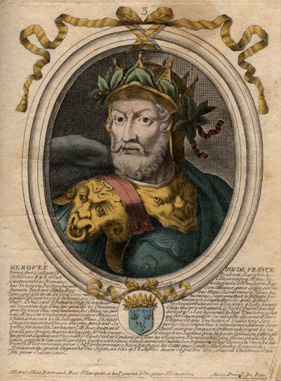 Portret van Merovee of Merovech, Frankische koning (v448-v458), eerste koning van de Merovingische dynastie - gravure uit 