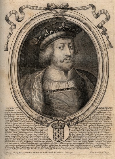 Portret van Thierry III (ca. 657-691), koning van de Franken van Neustrië (673-675) en koning van alle Franken (679-691) - Gravure uit 