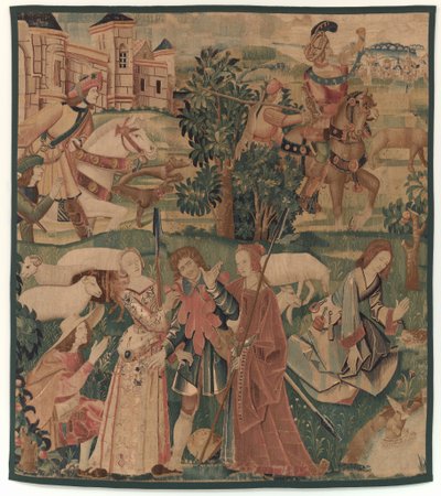 Jacht- en Pastorale Scènes, met een lachende man tussen dames door design probably French 16th Century, Paris; woven in southern Netherlands or Paris in an undetermine workshop