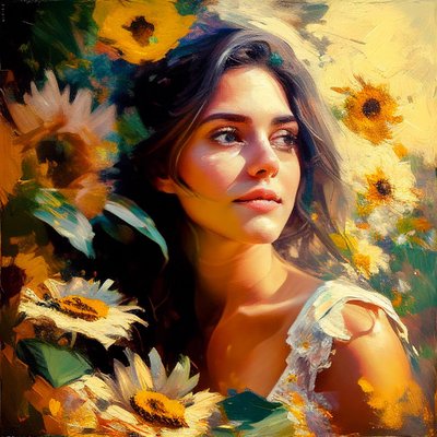 Een mooi meisje in de natuur, omringd door zonnebloemen, kunstschilderij door F. Abderrahim