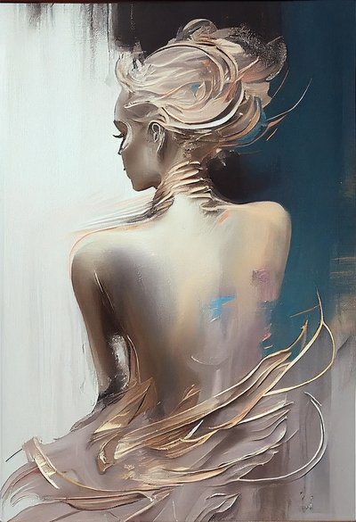 Geklede vrouw zittend van achteren gezien, silhouetschilderij door F. Abderrahim