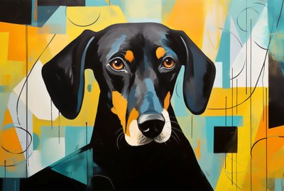 Een hond liggend op de vloer, kleurrijk abstract door F. Abderrahim