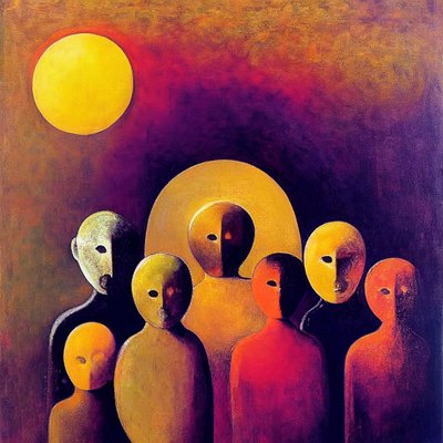 Abstracte Menigte met Expressieve Gezichten, Figuratief Surrealisme door F. Abderrahim