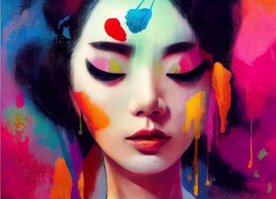 Abstract pastel schilderij van mooie Chinese vrouw portret door F. Abderrahim