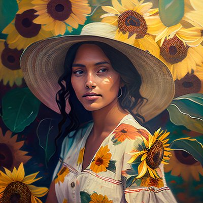 Abstract portret van mooi Mexicaans meisje & zonnebloemen achtergrond door F. Abderrahim