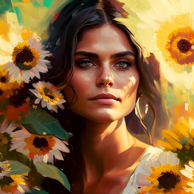 Abstract portret van mooie Mexicaanse vrouw & zonnebloemen door F. Abderrahim