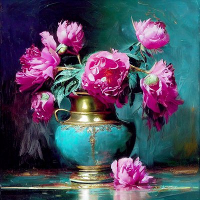 Abstracte bloemen schilderij met diep roze door F. Abderrahim