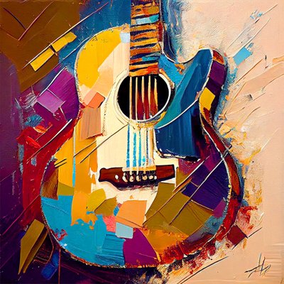 Abstracte muziek kunst, Elektrische gitaar schilderij in volle kleur, canvas afdrukken door F. Abderrahim