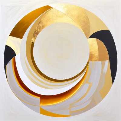 Abstract schilderij, enkele grote cirkel met gouden effect door F. Abderrahim