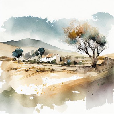 Abstract aquarel landschap Zuid-Spanje door F. Abderrahim