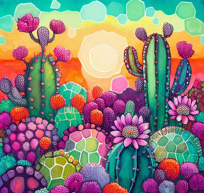 Woestijnbloei: Kleurrijke Abstracte Zonsondergang op Cactusplateaus door F. Abderrahim