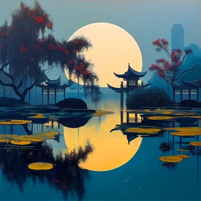 Japans landschap & traditionele huis exterieur schilderij door F. Abderrahim