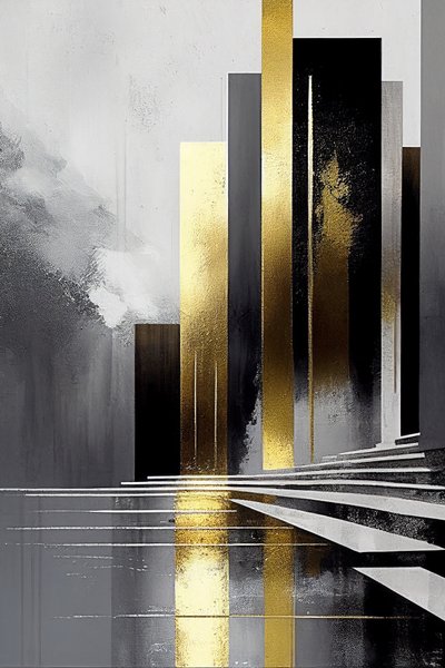Minimalistisch abstract schilderij kleurpalet van grijs & goud door F. Abderrahim