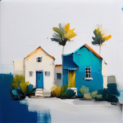 Minimalistisch abstract olieverfschilderij van kleurrijke huisjes, muurkunst | canvasafdrukken door F. Abderrahim