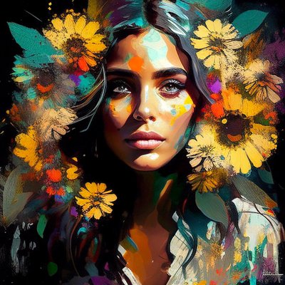 Natuurlijke schoonheid, Mexicaans meisje omringd door zonnebloemen door F. Abderrahim