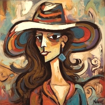 Schilderij van een mooie moderne dame met een hoed door F. Abderrahim