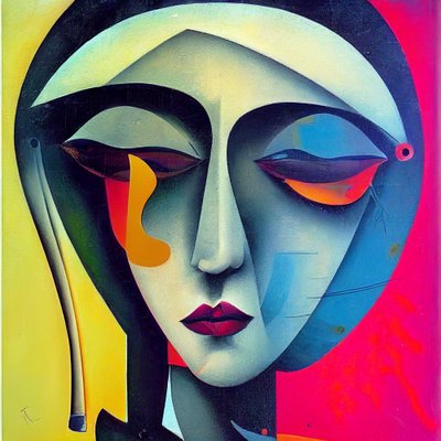 Verdrietig vrouwen gezicht in abstract figuratieve schilderkunst door F. Abderrahim