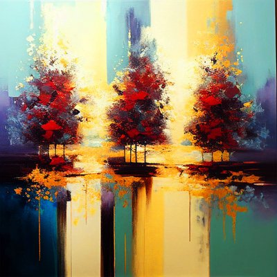 Bomen in Landschap abstract schilderij, muurkunstafdrukken door F. Abderrahim