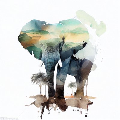 Aquarel olifant & Afrikaanse savanne schilderij door F. Abderrahim