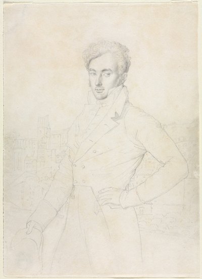 Portret van een Jonge Man Staande op de Quirinal met de Turris Comitum op de Achtergrond door follower of Jean Auguste Dominique Ingres