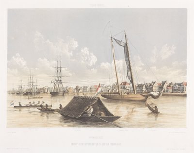 Gezicht op de waterkant en reede van Paramaribo door jonkheer Jacob Eduard van Heemskerck