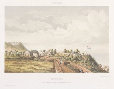 Gezicht op het fort Oranje en De Krater op Sint Eustatius door jonkheer Jacob Eduard van Heemskerck
