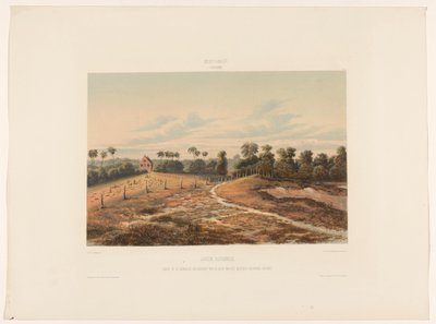 Jodensavanne Joden Savannah. Gezicht op de synagoge en kerkhof van de zijde van het militair Cordonpad gezien door jonkheer Jacob Eduard van Heemskerck