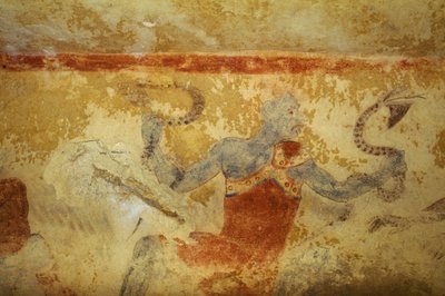Blauwe Demon met slangen, fresco, Graf van de Blauwe Demonen, Necropolis van Tarquinia (UNESCO Werelderfgoedlijst, 2004), Lazio, Italië. Etruskische beschaving, 5e eeuw v.Chr. door Theodore Charles Ange Coquelin