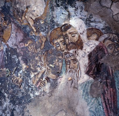 Groep mannen, fresco in kerk in Kandanos, Kreta, Griekenland door Theodore Charles Ange Coquelin