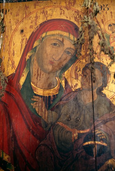 Madonna met kind, geschilderd op hout in Agios Antonios kerk, Kavousi, Kreta, Griekenland (foto) door Theodore Charles Ange Coquelin