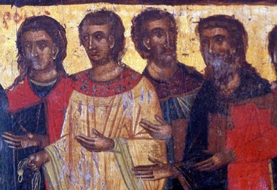 Mannelijke figuren, houten paneel in Byzantijnse kerk van Palea Roumata, Kreta, Griekenland door Theodore Charles Ange Coquelin
