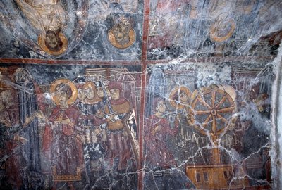 Religieus-thema fresco, door Ioannis Pagomenos, fresco in Byzantijnse kerk van St George, Anidri, Kreta, Griekenland door Theodore Charles Ange Coquelin