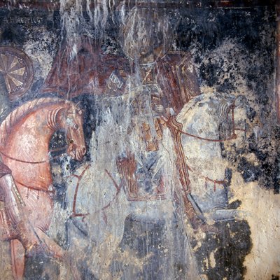 Heilige te paard, fresco in kerk in Palaia Roumata, Kreta, Griekenland door Theodore Charles Ange Coquelin