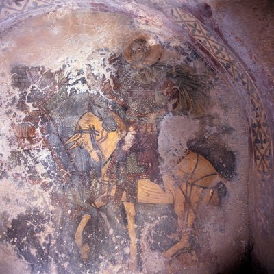 Heilige te paard, fresco in kerk in Prodromi, Kreta, Griekenland door Theodore Charles Ange Coquelin