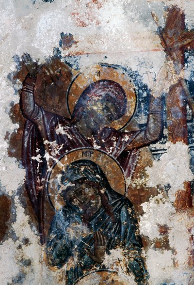 Heiligen, beschadigde fresco in Byzantijnse kerk van Agios Constantinos en Agia Eleni, Voukolies, Kreta, Griekenland door Theodore Charles Ange Coquelin