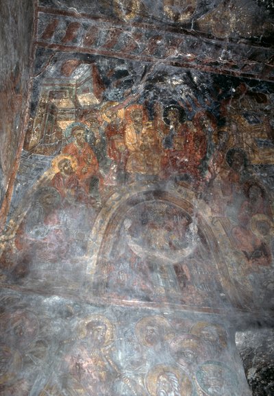 Heiligen, fresco op plafond van kerk van Agia Paraskevi, Anisaraki, Kreta, Griekenland door Theodore Charles Ange Coquelin