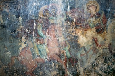 Heiligen te paard, fresco in Byzantijnse kerk van Agios Athanasios, Kefali, Kreta, Griekenland door Theodore Charles Ange Coquelin