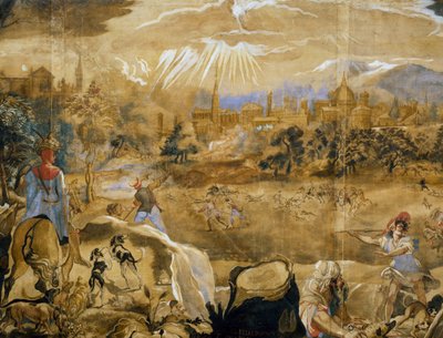 Hertenjacht (met ideaal uitzicht op Florence op de achtergrond), detail, ca. 1565 door or Zuccaro Federico Zuccari