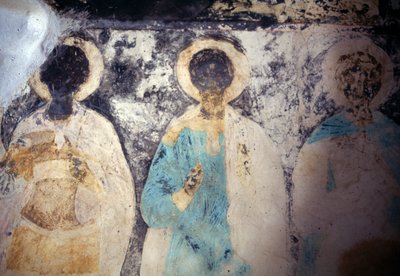 Heiligenfiguren, fresco in het klooster van Taxiarhis Mihail Roukouniotis, Panormitis, eiland Symi, Griekenland door Unbekannt Unbekannt