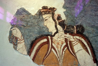 Frescofragment met vrouwelijke figuur, uit Mycene, Griekenland, Myceense beschaving door Unbekannt Unbekannt