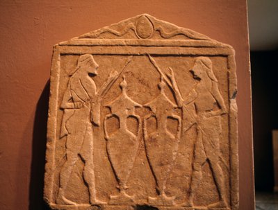 Reliëf met Kastor en Polydeukes, uit Sparta, Griekenland, Griekse beschaving door Unbekannt Unbekannt