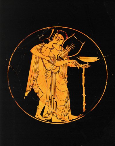 Geliefden met beker en cythara ... door painter Pedieus