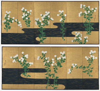 Chrysanten bij een stroom door possibly by Ogata Kōrin