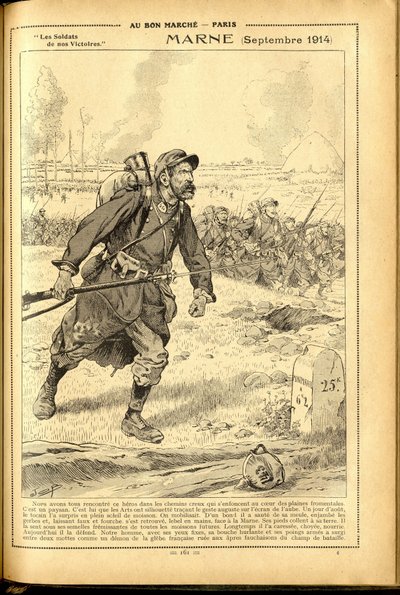 Agenda Buvard du Bon Marché 1917 - Illustratie van Job (Jacques Marie Gaston Onfray de Bréville) (1858-1931): Marne september 1914 - Oorlog van 14-18, Marne, Grote Slagen, Slag bij de Marne - Soldaten door pseudonym for Onfray de Breville Jacques Job