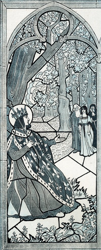 Is er hier iemand weggegaan? woorden van Lodewijk IX genaamd Sint Louis (1214-1270) die recht sprak aan de voet van een eik om de bevolking aan te moedigen hun klachten te uiten. Illustratie van Job (Jacques Marie Gaston Onfray en Breville) (Jacques-Marie) door pseudonym for Onfray de Breville Jacques Job